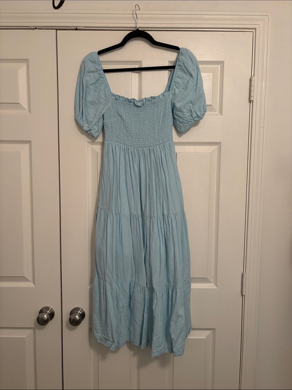 Abercrombie & Fitch Light Blue Puff-Sleeve Smocked Maxi Dress